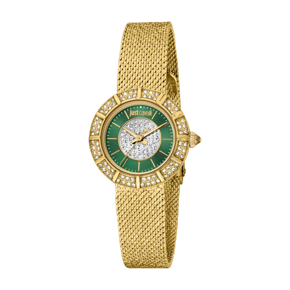 Just Cavalli Women's Gold Color Watch with Dark Green Dial and Mesh Bracelet