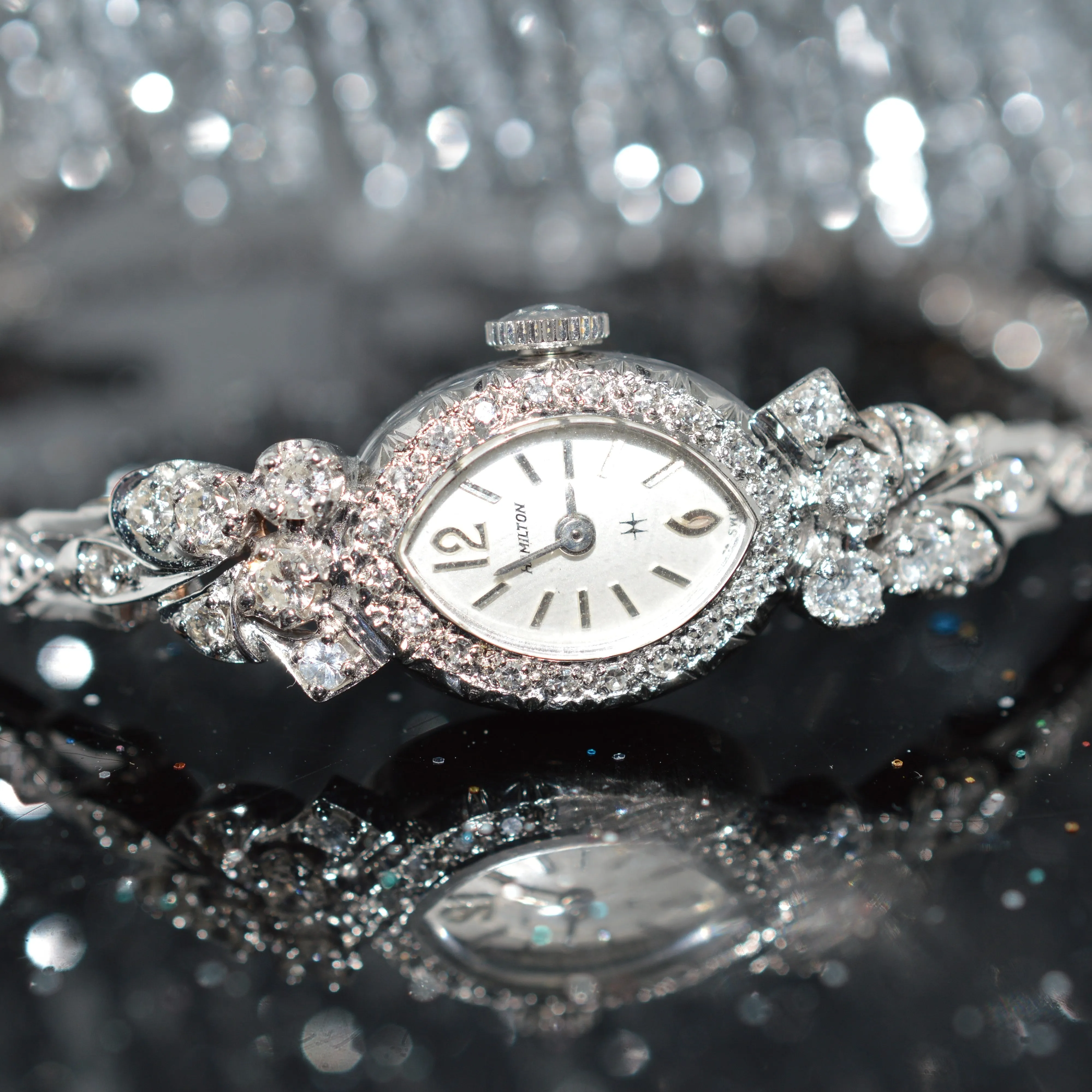 Ladies 14K White Gold Diamond Hamilton Watch With Marquise Shape Dial