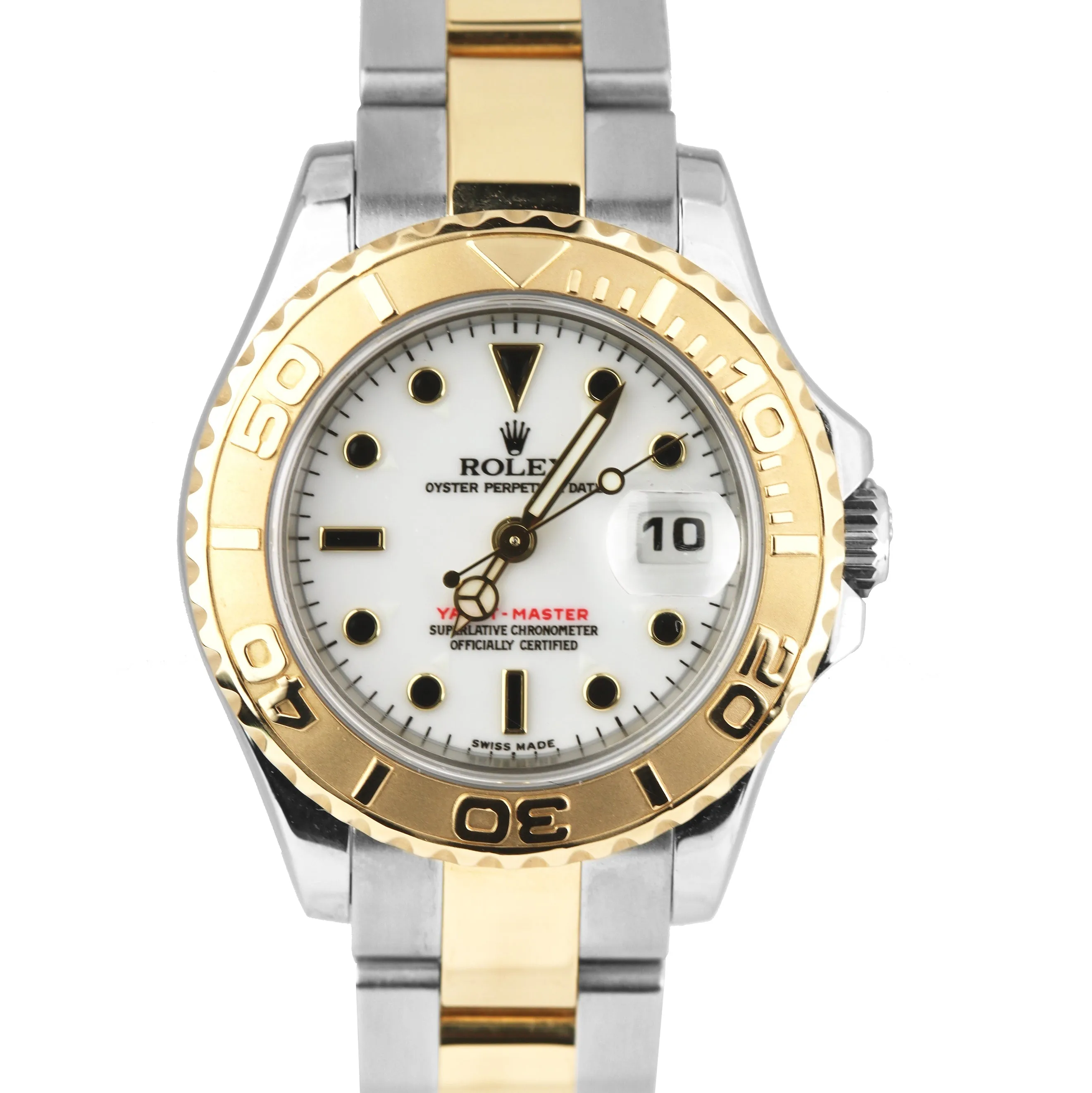 Ladies Rolex Yacht-Master 29mm 18K Yellow Gold Steel White Dial Watch 69623