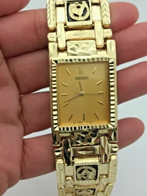 Men's 14k Yellow Gold Horse Shoe Black Onyx Bracelet Seiko Watch 8.5" 91.5 grams