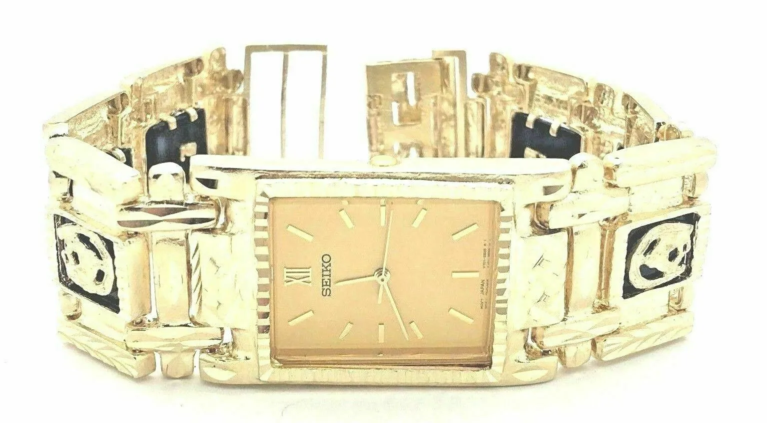 Men's 14k Yellow Gold Horse Shoe Black Onyx Bracelet Seiko Watch 8.5" 91.5 grams