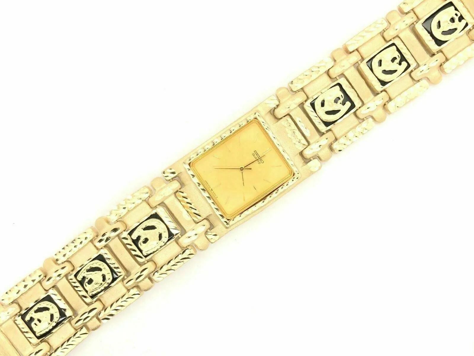 Men's 14k Yellow Gold Horse Shoe Black Onyx Bracelet Seiko Watch 8.5" 91.5 grams