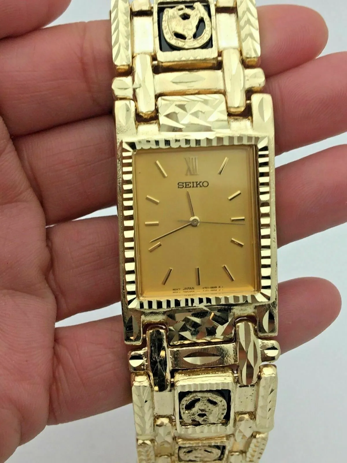 Men's 14k Yellow Gold Horse Shoe Black Onyx Bracelet Seiko Watch 8.5" 91.5 grams