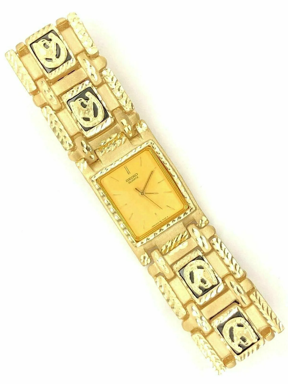 Men's 14k Yellow Gold Horse Shoe Black Onyx Bracelet Seiko Watch 8.5" 91.5 grams