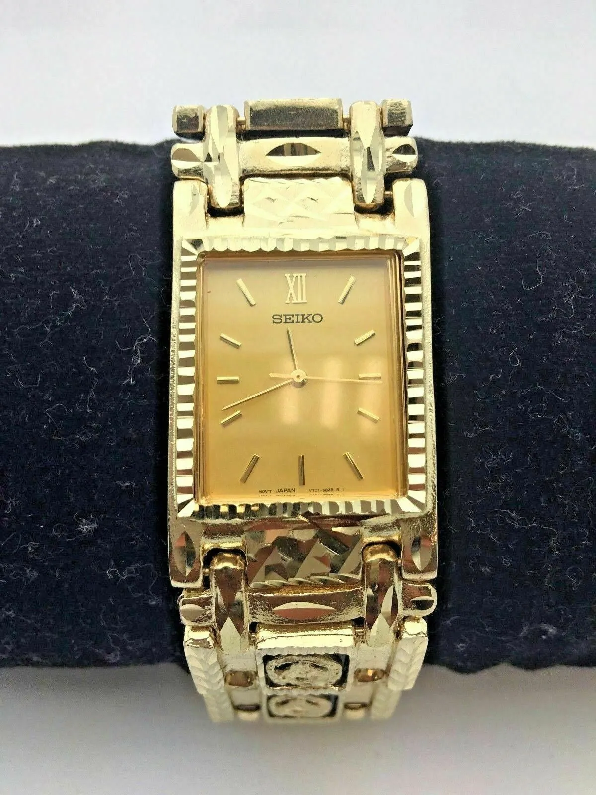 Men's 14k Yellow Gold Horse Shoe Black Onyx Bracelet Seiko Watch 8.5" 91.5 grams