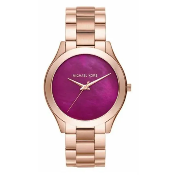 Michael Kors Slim Runway Rose Gold Stainless Steel Purple Dial Quartz Watch for Ladies - MK3550
