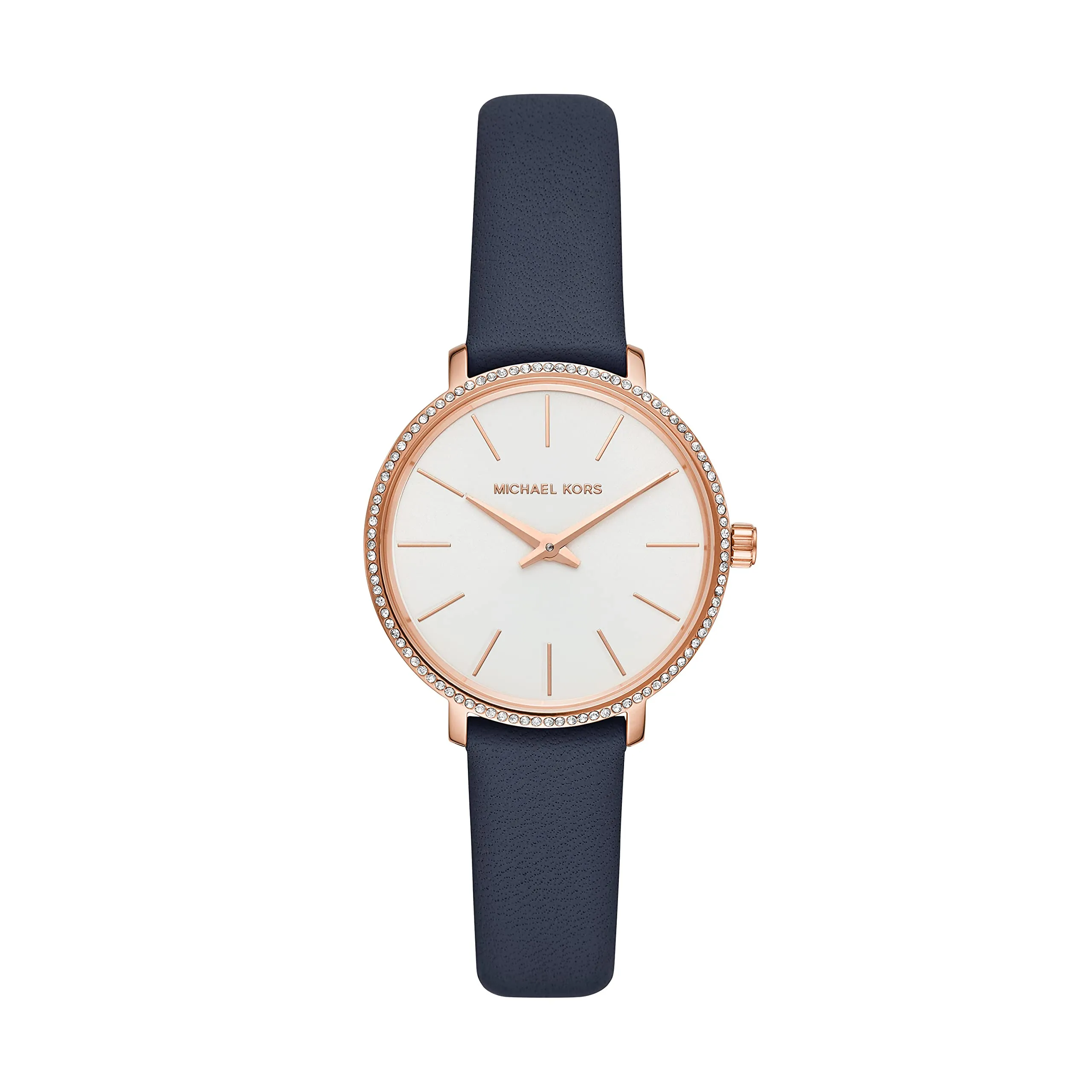 Michael Kors Women's Pyper Stainless Steel Quartz Watch with Leather Strap, Rose Gold/Blue/White, 14