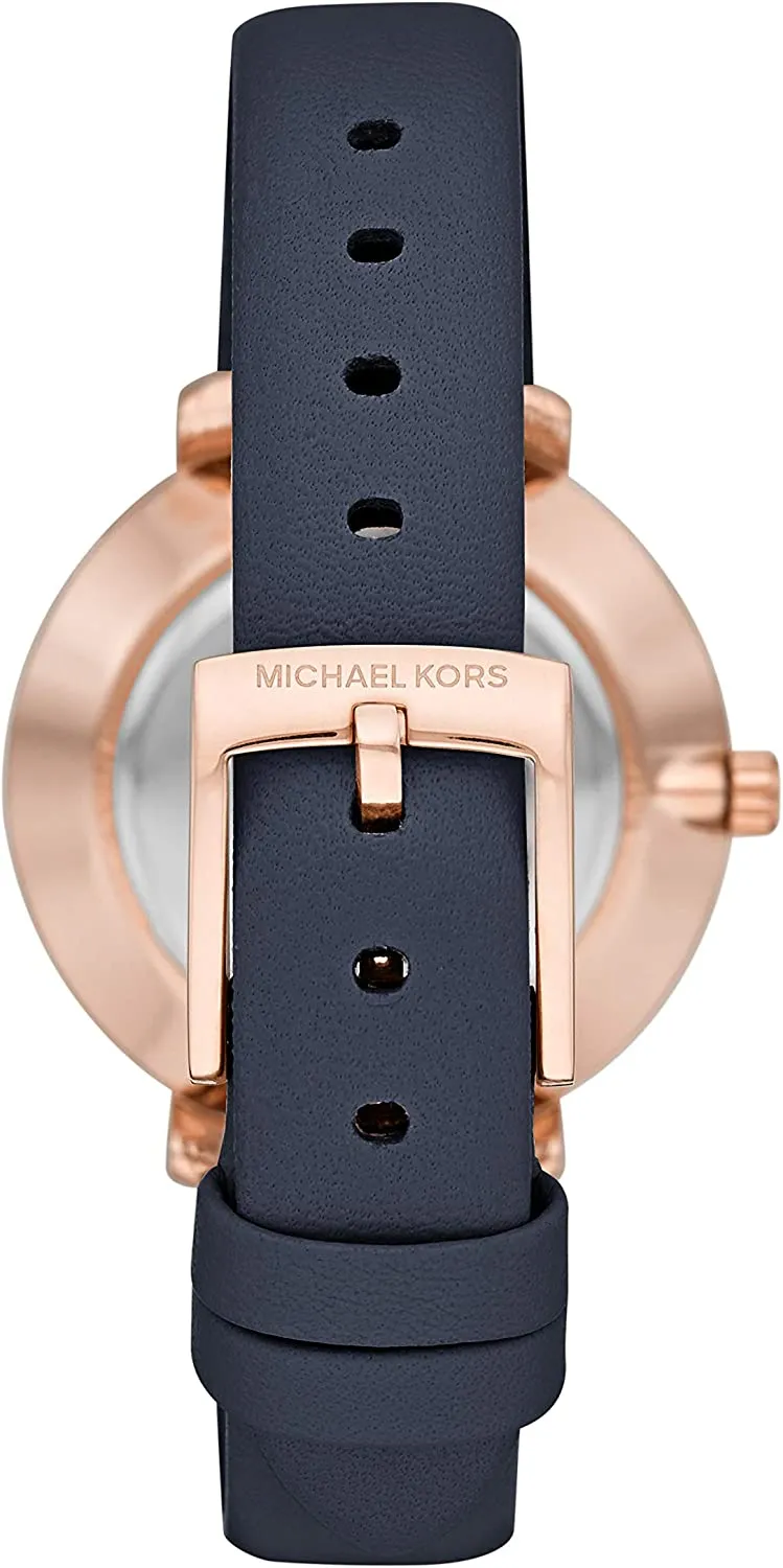 Michael Kors Women's Pyper Stainless Steel Quartz Watch with Leather Strap, Rose Gold/Blue/White, 14