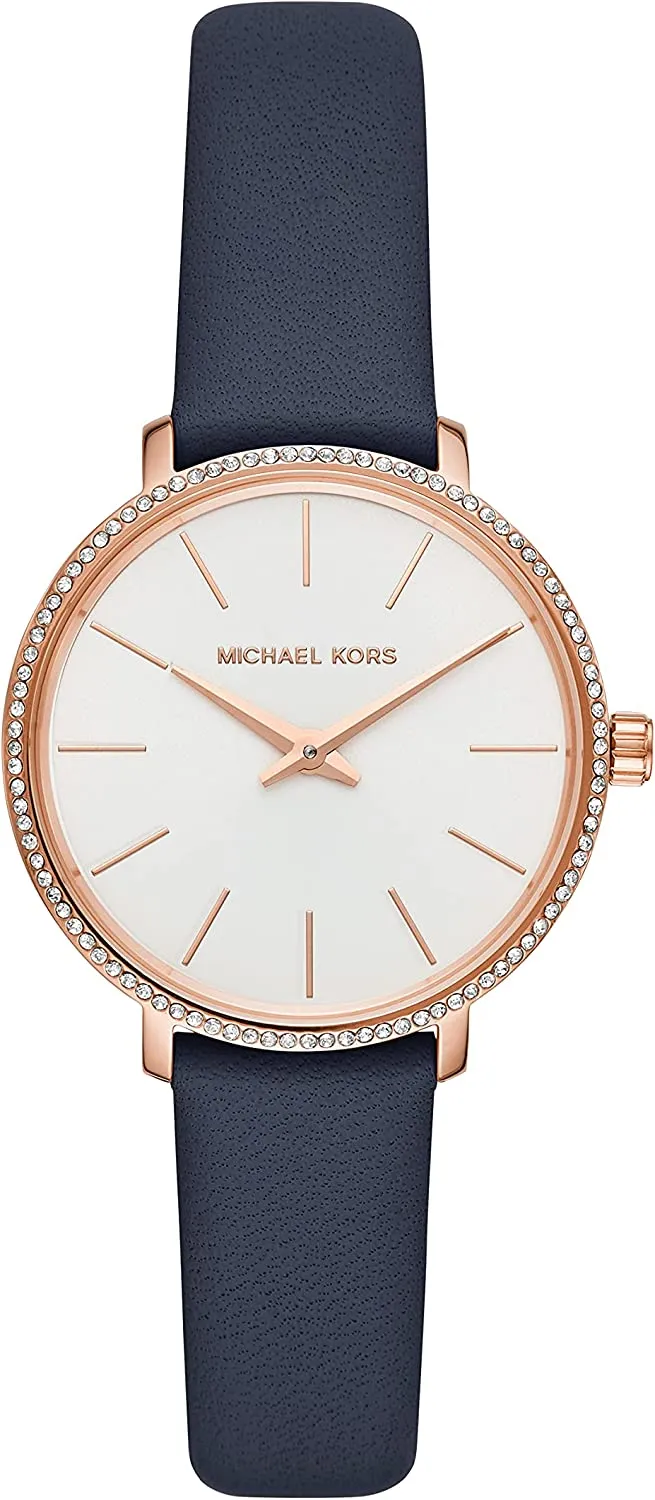 Michael Kors Women's Pyper Stainless Steel Quartz Watch with Leather Strap, Rose Gold/Blue/White, 14