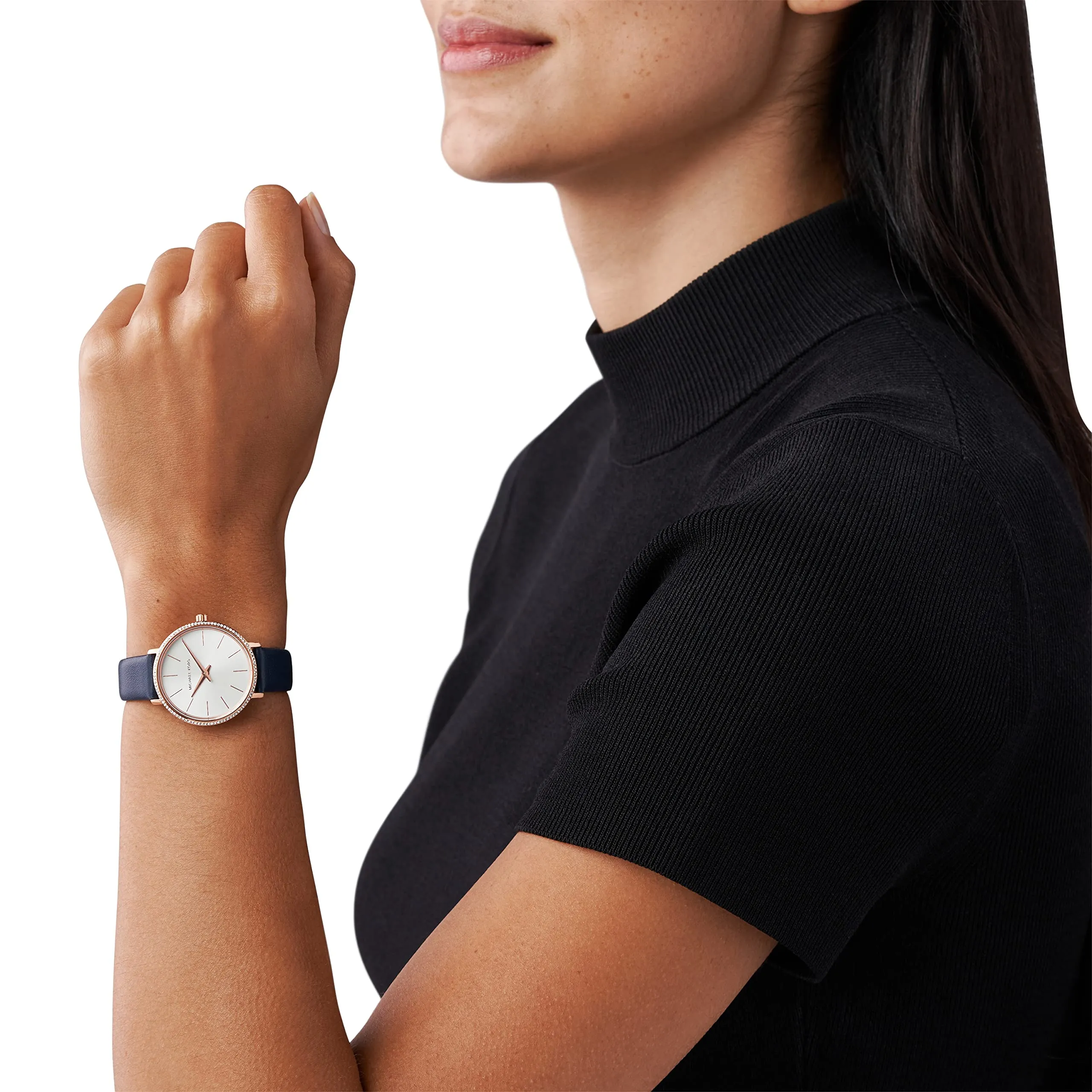 Michael Kors Women's Pyper Stainless Steel Quartz Watch with Leather Strap, Rose Gold/Blue/White, 14