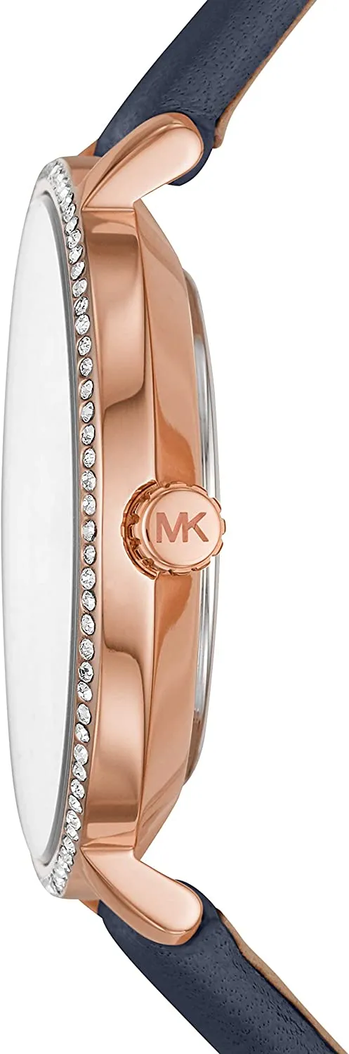 Michael Kors Women's Pyper Stainless Steel Quartz Watch with Leather Strap, Rose Gold/Blue/White, 14