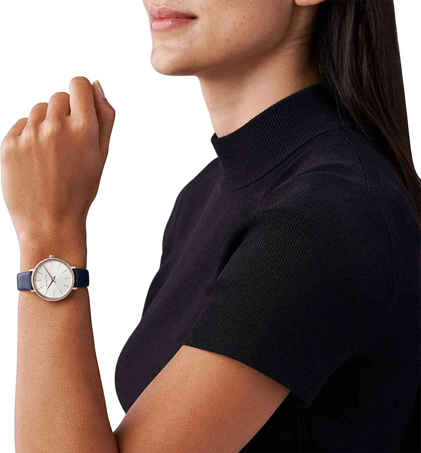 Michael Kors Women's Pyper Stainless Steel Quartz Watch with Leather Strap, Rose Gold/Blue/White, 14