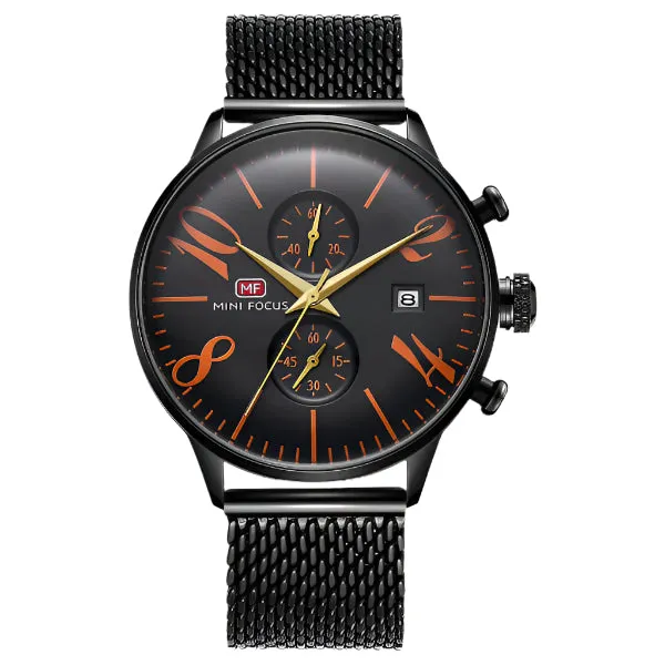 Mini Focus Black Mesh Bracelet Black Dial Chronograph Quartz Watch for Gents - MF0135G-08