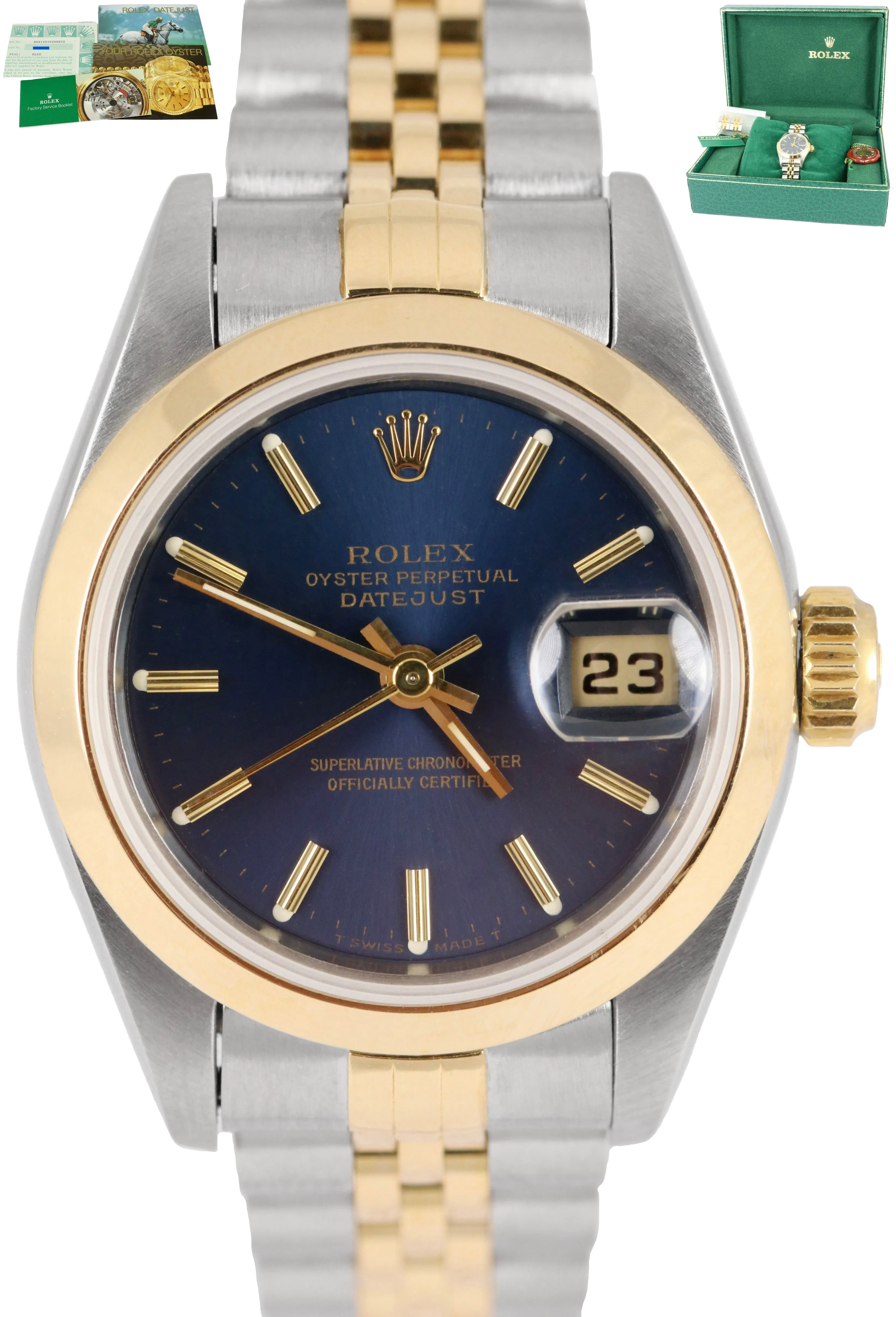 MINT Ladies DateJust 26mm Two-Tone Blue NO-HOLES CASE Gold Watch 69163 B P