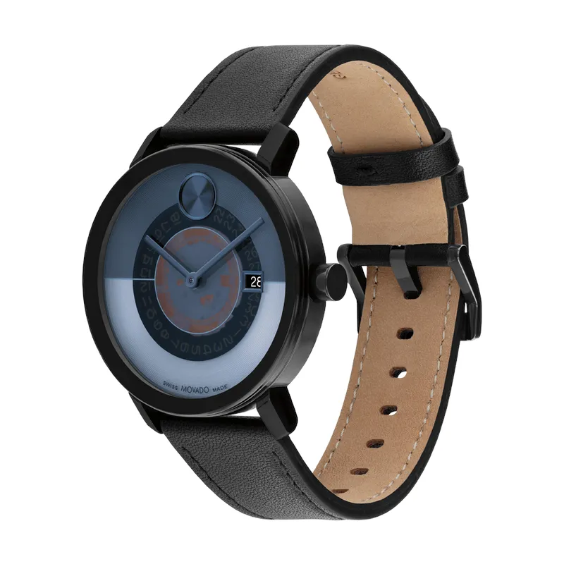 Movado Bold Evolution 2.0 Mens Black Tone Blue Skeleton Dial Black Leather Strap Watch