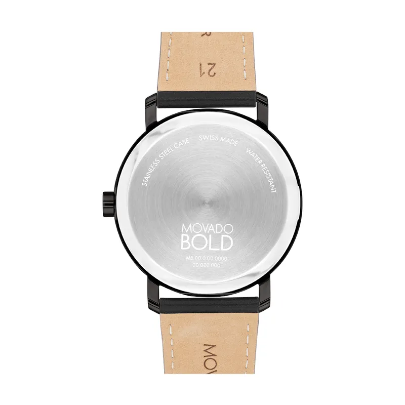 Movado Bold Evolution 2.0 Mens Black Tone Blue Skeleton Dial Black Leather Strap Watch