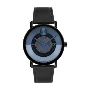 Movado Bold Evolution 2.0 Mens Black Tone Blue Skeleton Dial Black Leather Strap Watch