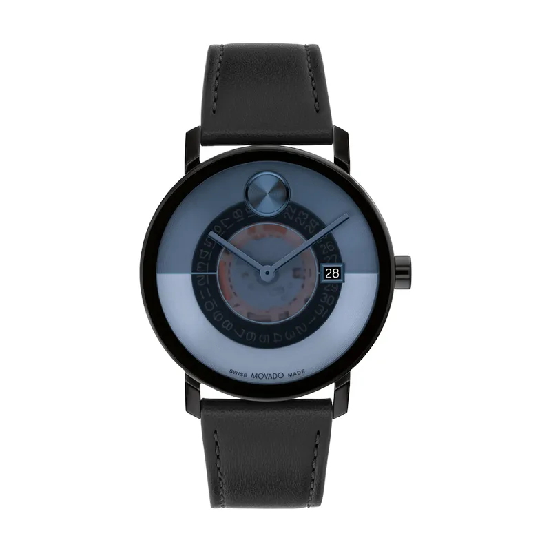 Movado Bold Evolution 2.0 Mens Black Tone Blue Skeleton Dial Black Leather Strap Watch