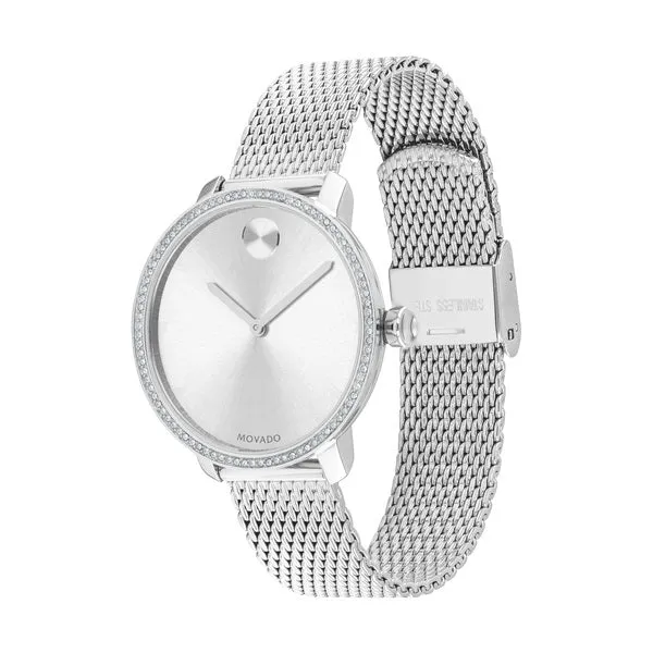 Movado Bold Shimmer Ladies Silver Tone Crystal Pave Bezel Mesh Strap Watch