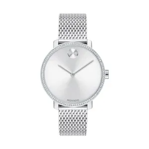 Movado Bold Shimmer Ladies Silver Tone Crystal Pave Bezel Mesh Strap Watch