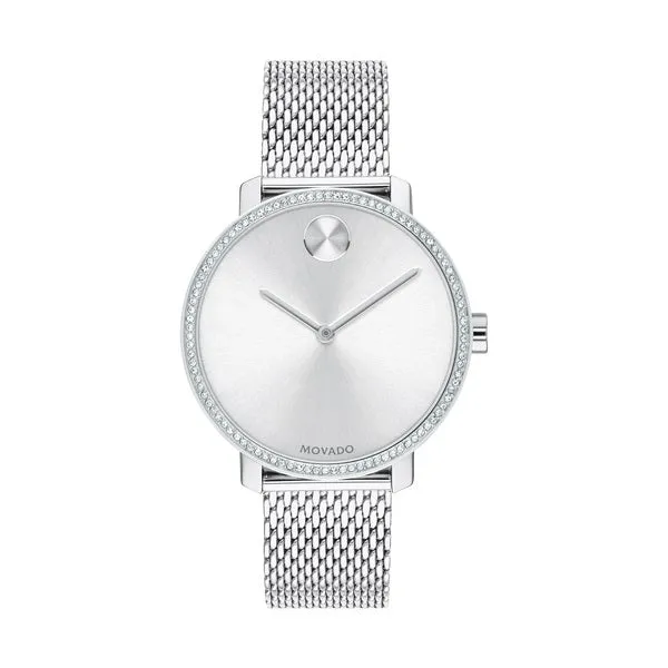Movado Bold Shimmer Ladies Silver Tone Crystal Pave Bezel Mesh Strap Watch