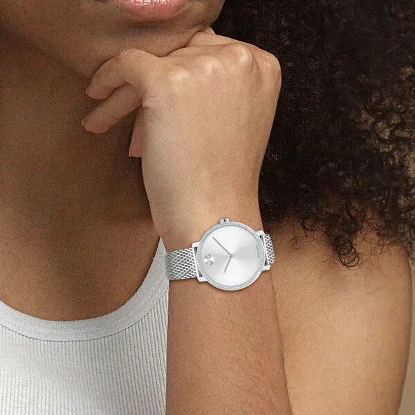 Movado Bold Shimmer Ladies Silver Tone Crystal Pave Bezel Mesh Strap Watch