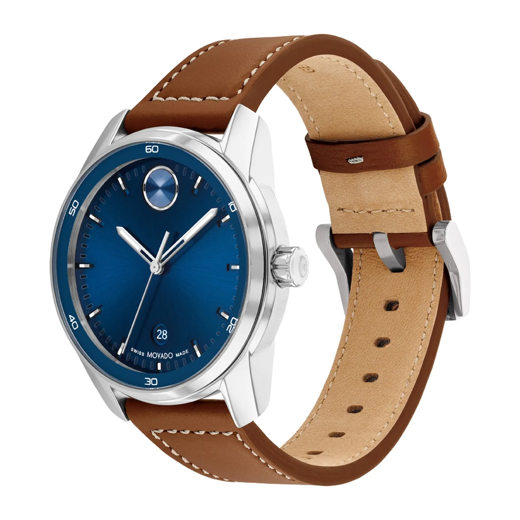 Movado Bold Verso Mens Stainless Steel Blue Dial Brown Leather Strap Watch
