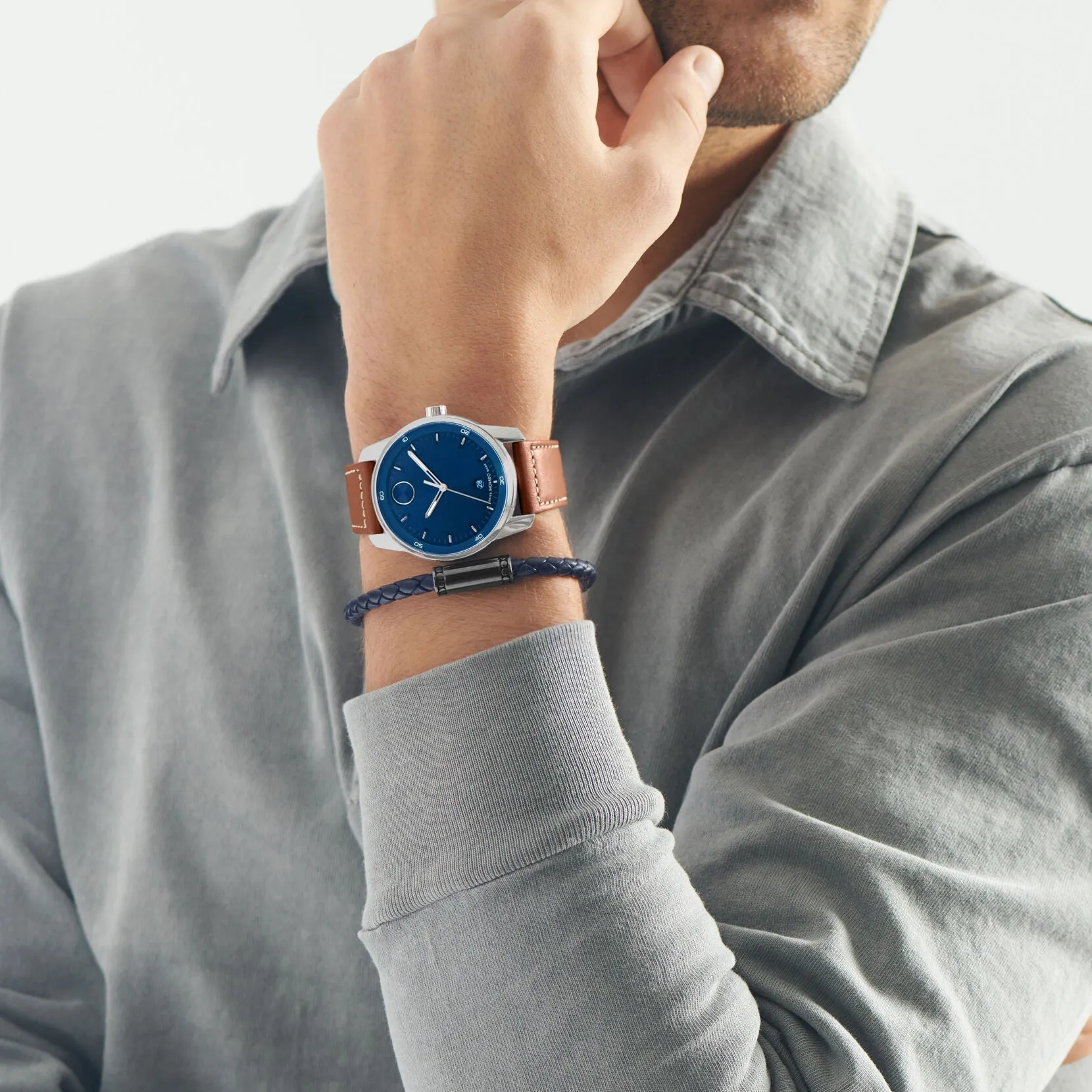 Movado Bold Verso Mens Stainless Steel Blue Dial Brown Leather Strap Watch
