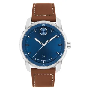 Movado Bold Verso Mens Stainless Steel Blue Dial Brown Leather Strap Watch