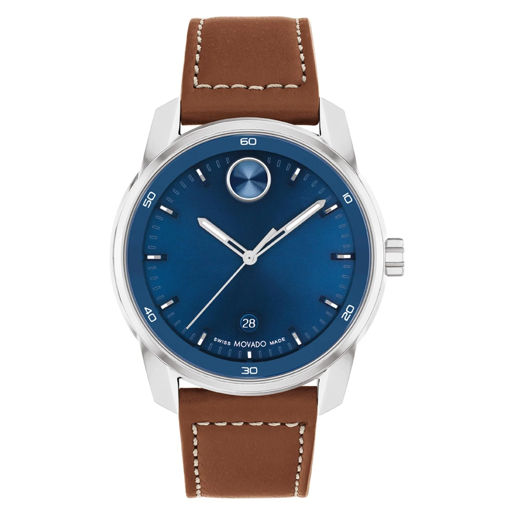 Movado Bold Verso Mens Stainless Steel Blue Dial Brown Leather Strap Watch