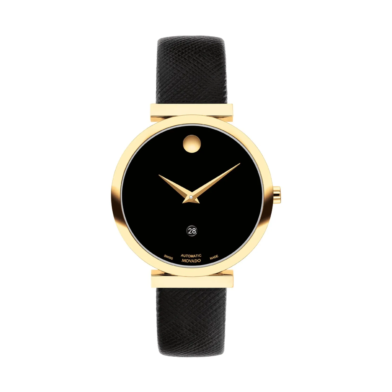 Movado Museum Classic Automatic Ladies Gold Tone Black Leather Strap Watch
