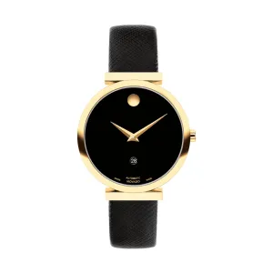 Movado Museum Classic Automatic Ladies Gold Tone Black Leather Strap Watch