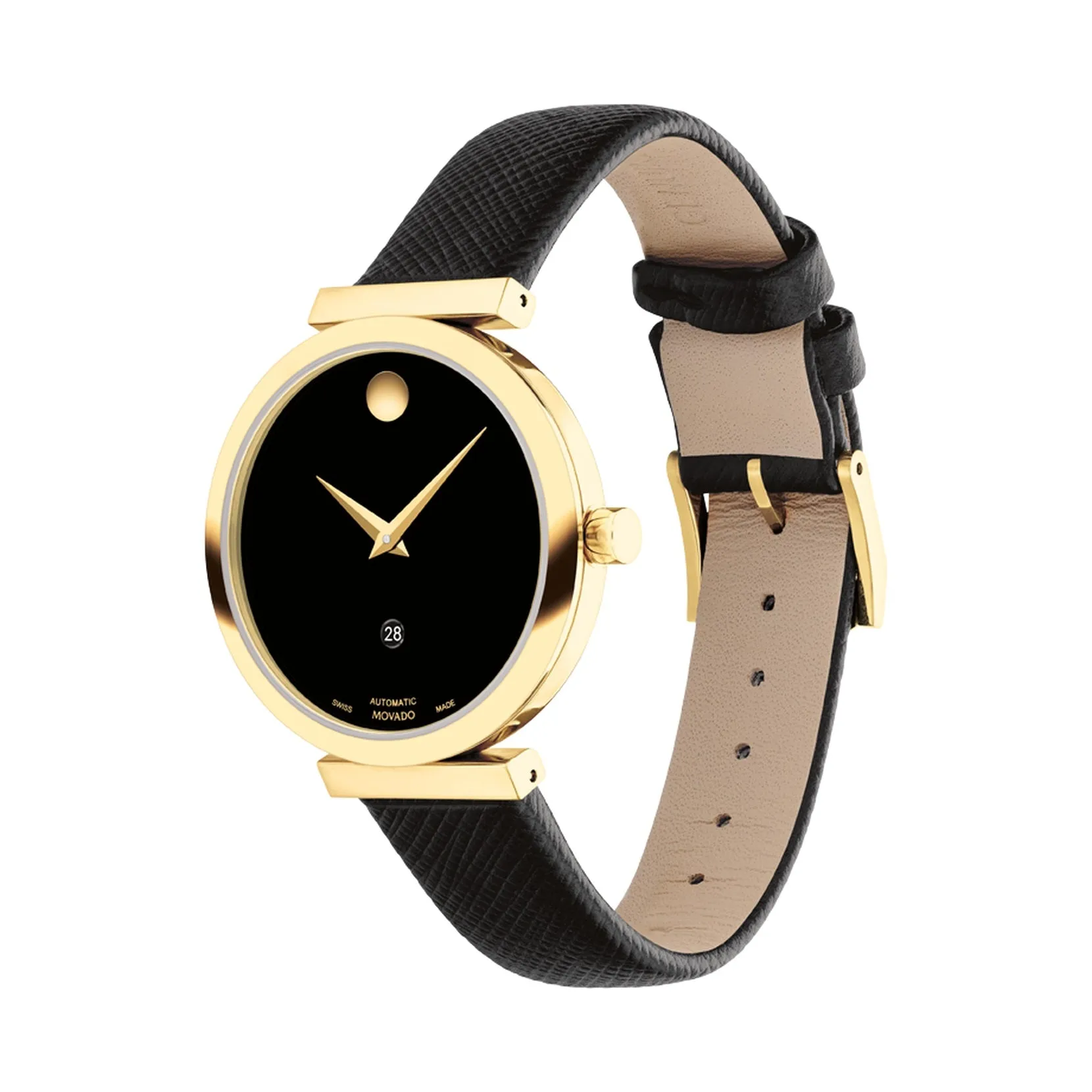 Movado Museum Classic Automatic Ladies Gold Tone Black Leather Strap Watch