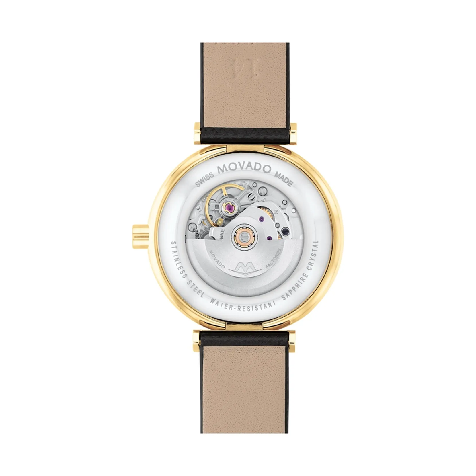 Movado Museum Classic Automatic Ladies Gold Tone Black Leather Strap Watch