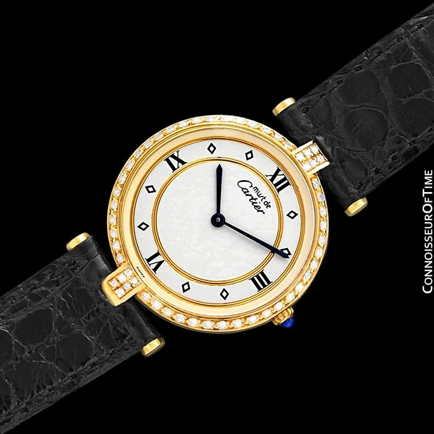 Must De Cartier Vendome Mens Midsize Unisex Vermeil Watch - 18K Gold Over Sterling Silver & Diamonds