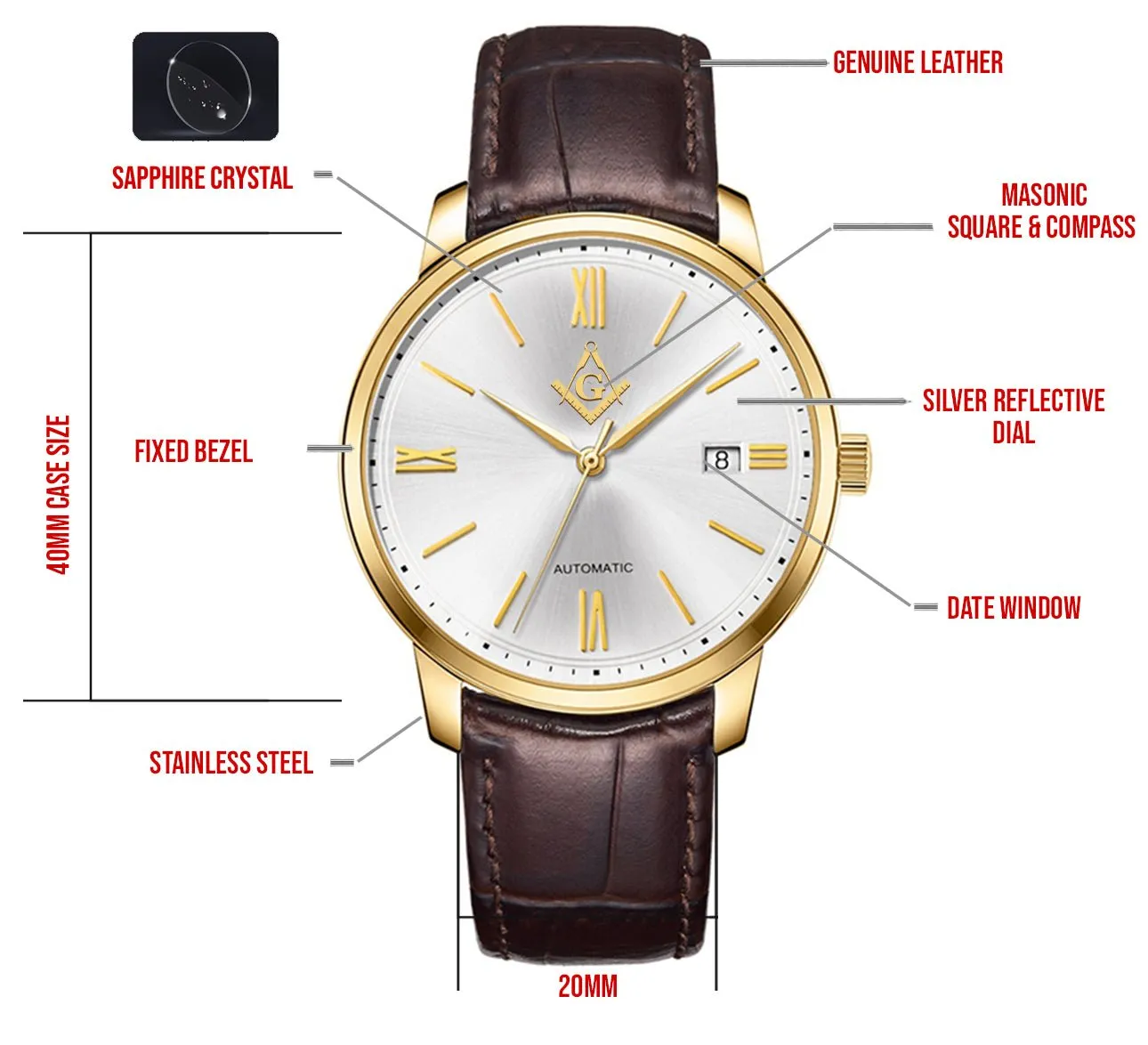 New Men's Stainless Steel Swiss Automatic ETA Masonic Dress Watch, 40mm