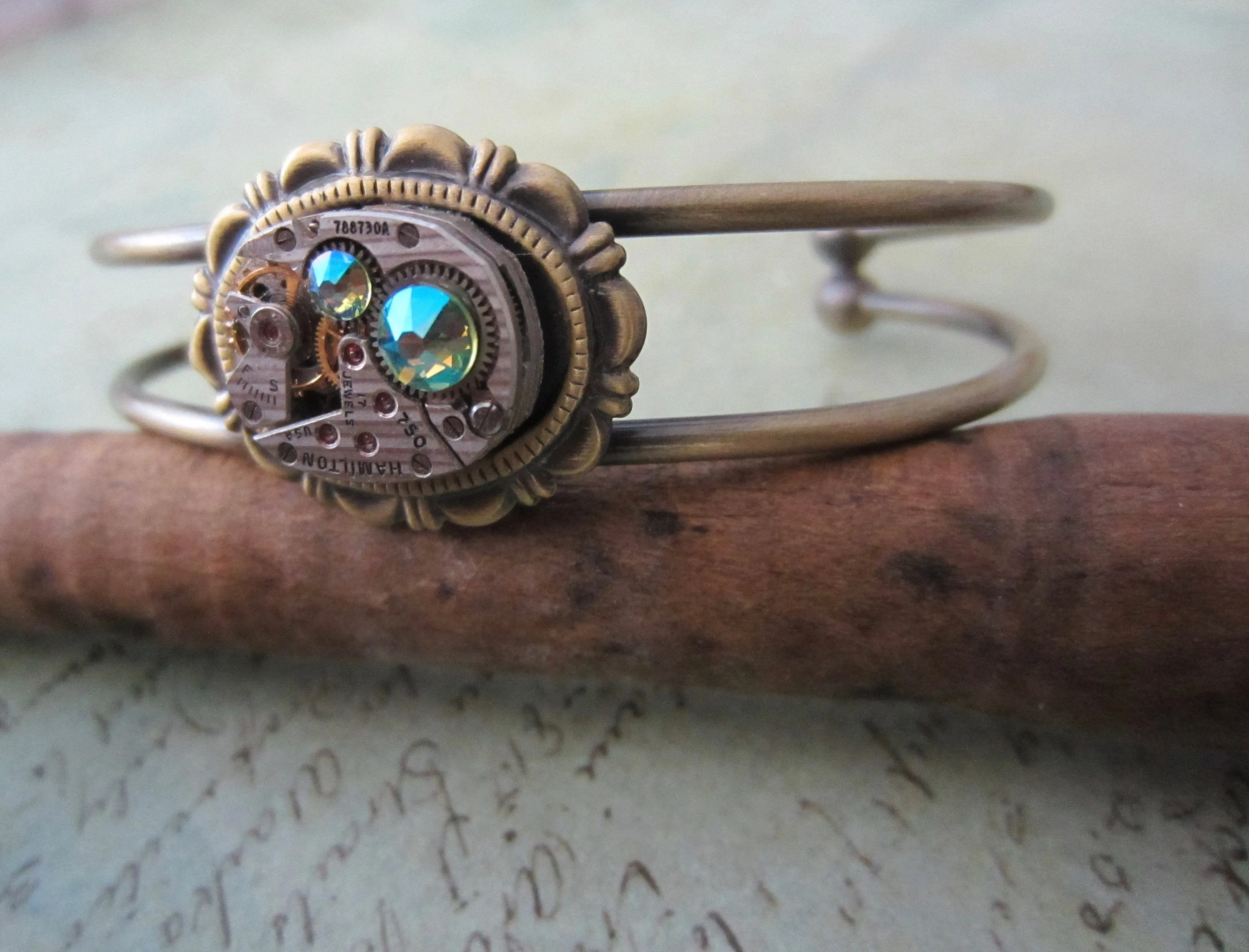 Peridot Shimmer cuff Bracelet - Steampunk - In the Works - Steampunk watch parts cuff - August Birthstone - unique - one of a kind - cuff