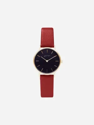 Petite Watch with Gold & Black Dial | Ruby Red Vegan Leather Strap