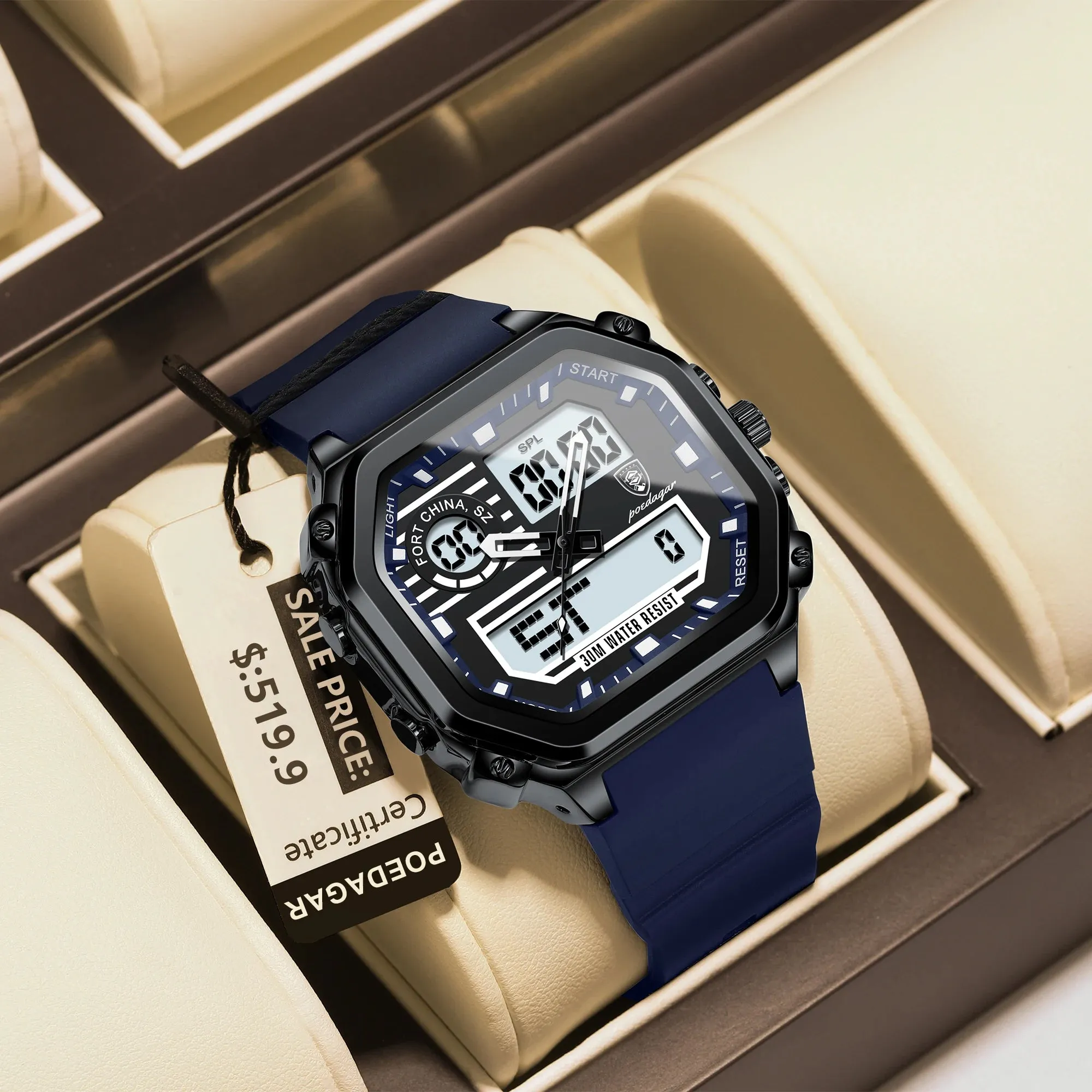 POEDAGAR Sports LED Men Watch Waterproof Luminous Week Date Square Man Wristwatch Silicone Strap Electronic Quartz Men's Watches