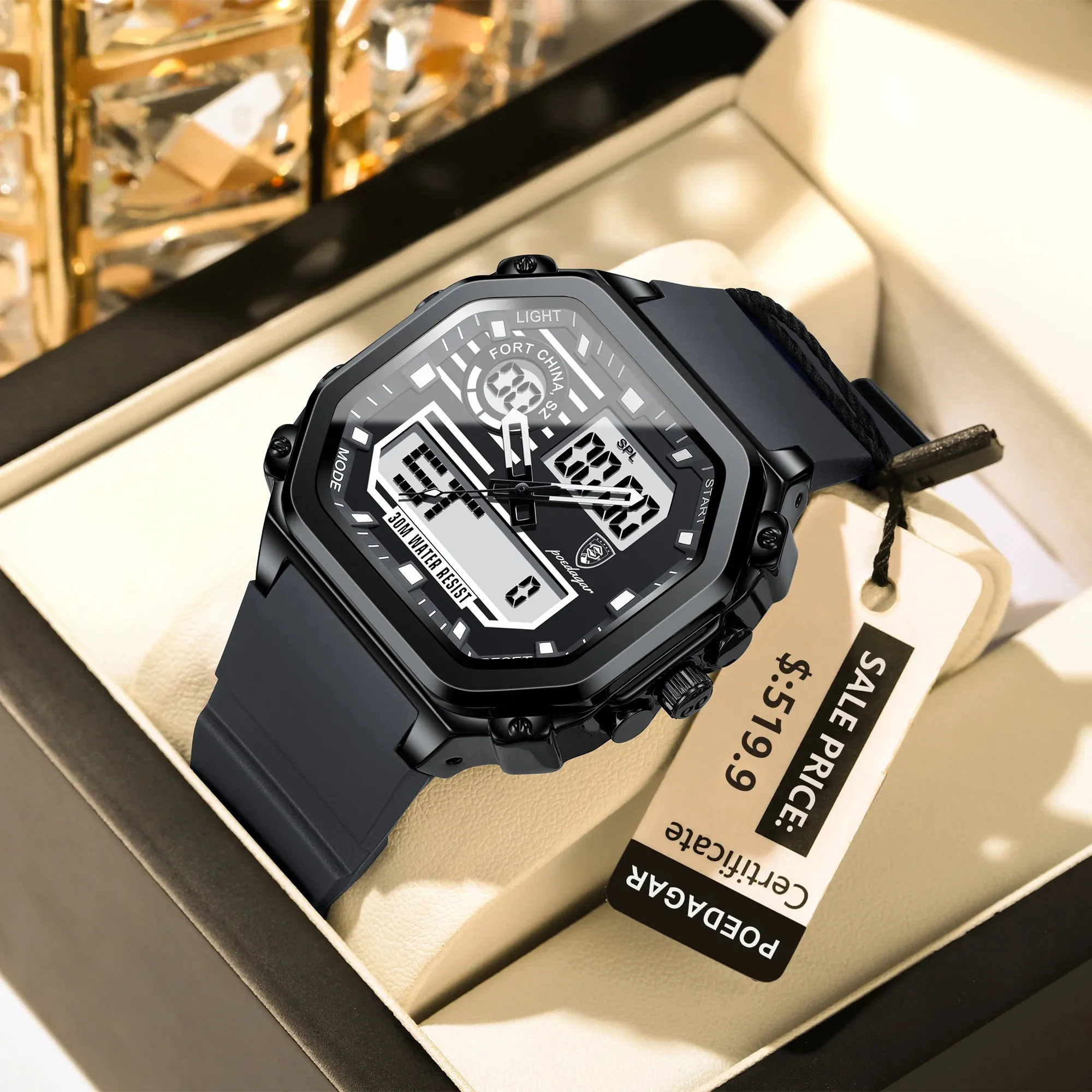 POEDAGAR Sports LED Men Watch Waterproof Luminous Week Date Square Man Wristwatch Silicone Strap Electronic Quartz Men's Watches