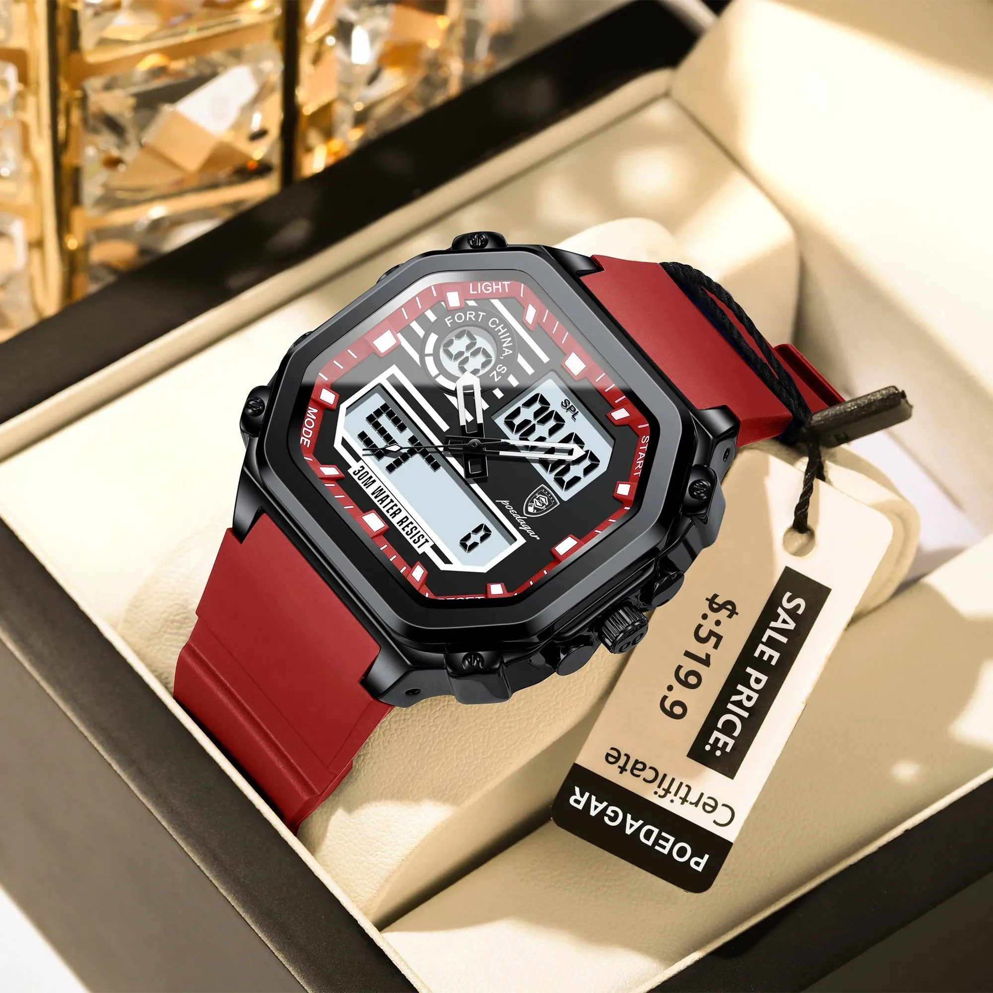 POEDAGAR Sports LED Men Watch Waterproof Luminous Week Date Square Man Wristwatch Silicone Strap Electronic Quartz Men's Watches