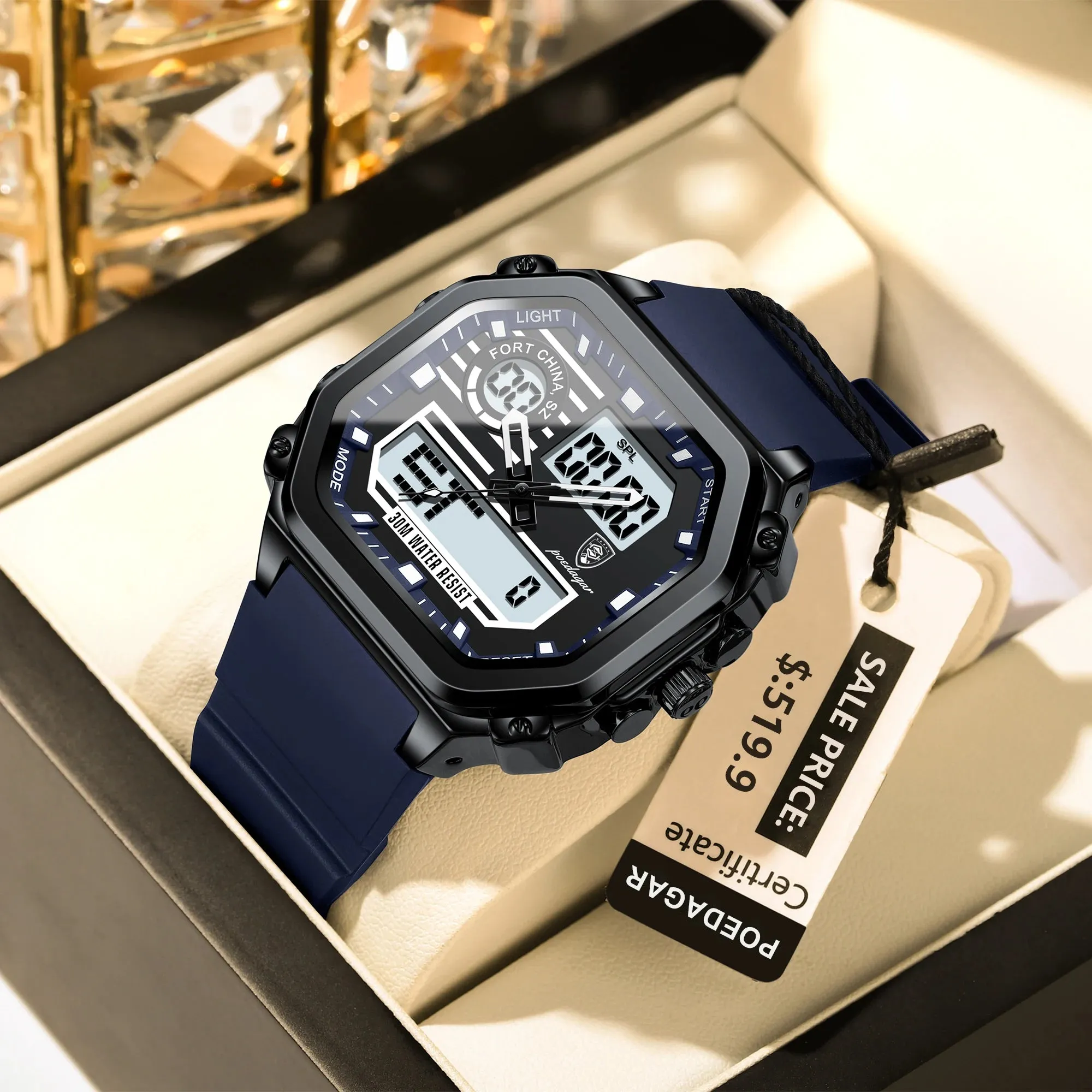 POEDAGAR Sports LED Men Watch Waterproof Luminous Week Date Square Man Wristwatch Silicone Strap Electronic Quartz Men's Watches