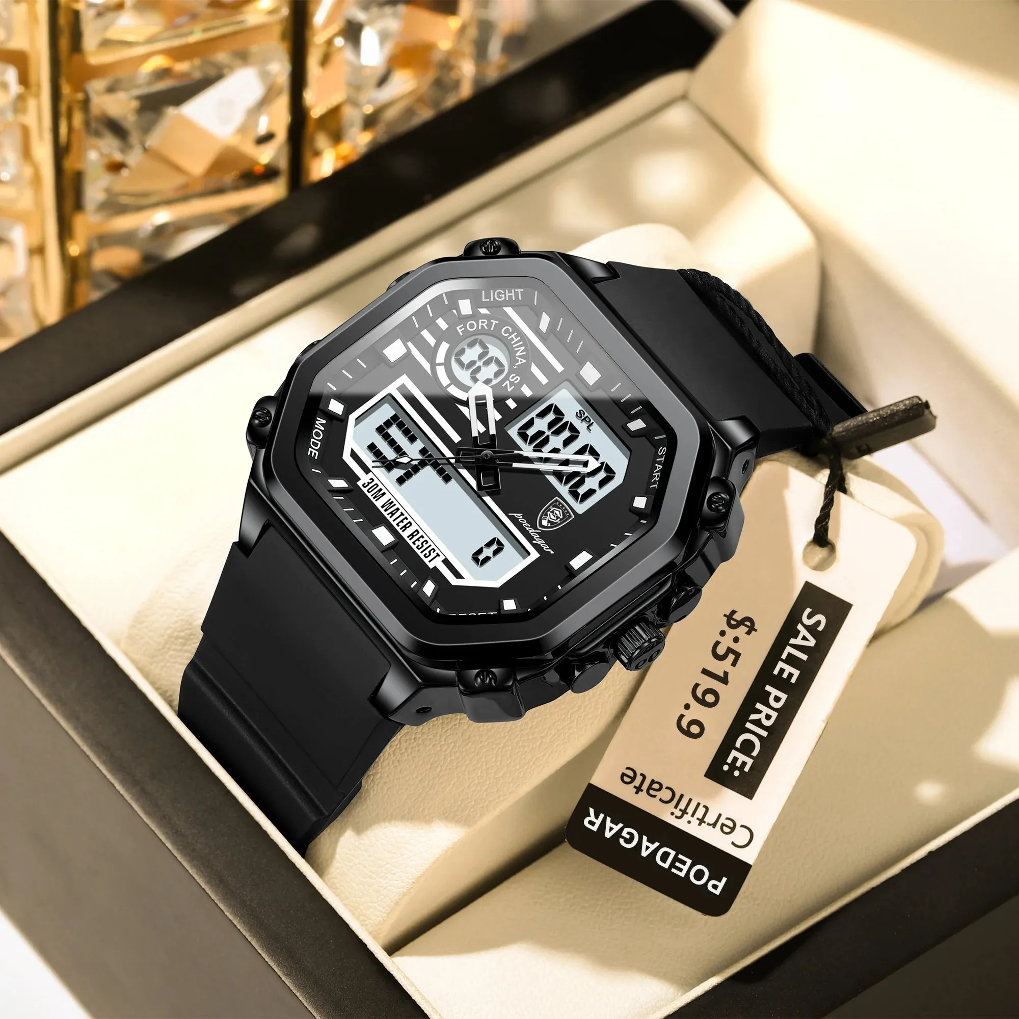POEDAGAR Sports LED Men Watch Waterproof Luminous Week Date Square Man Wristwatch Silicone Strap Electronic Quartz Men's Watches