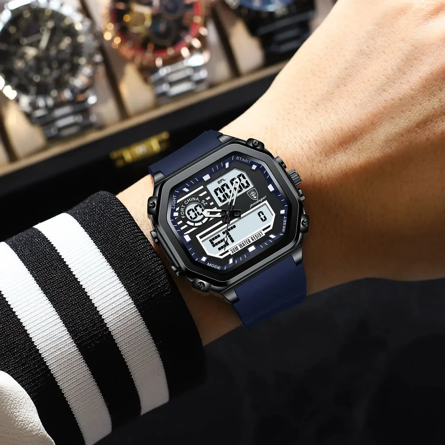 POEDAGAR Sports LED Men Watch Waterproof Luminous Week Date Square Man Wristwatch Silicone Strap Electronic Quartz Men's Watches