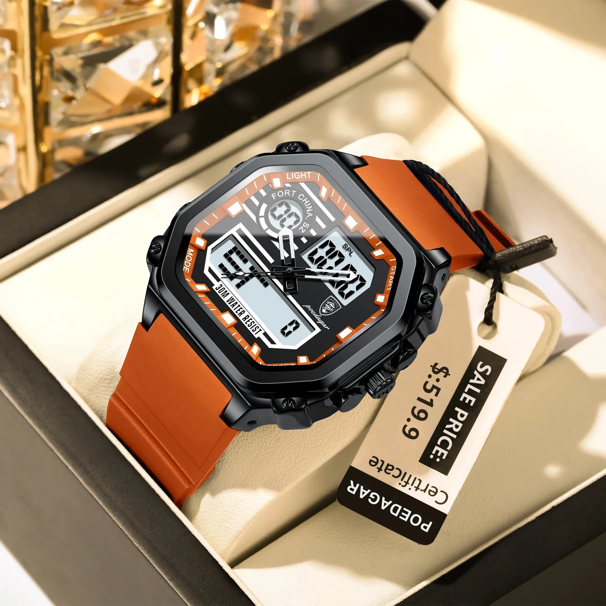 POEDAGAR Sports LED Men Watch Waterproof Luminous Week Date Square Man Wristwatch Silicone Strap Electronic Quartz Men's Watches