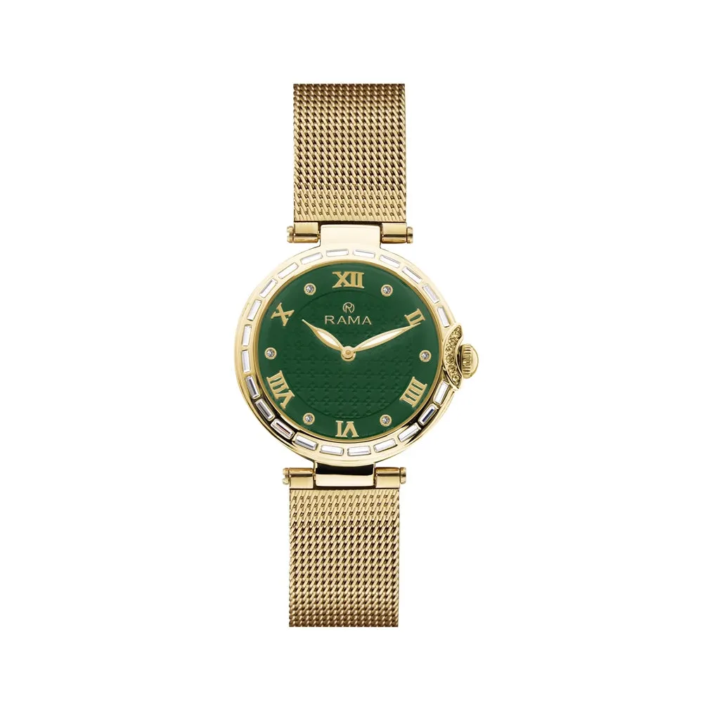 Rama Ladies Quartz Watch Yellow Gold Plated Stainless Steel Case With Green DialÂ And Yellow Gold Plated Mesh Metal Bracelet