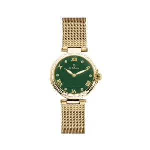 Rama Ladies Quartz Watch Yellow Gold Plated Stainless Steel Case With Green DialÂ And Yellow Gold Plated Mesh Metal Bracelet