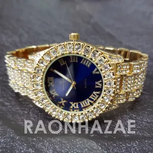 Raonhazae Hi Hop Iced Lab Diamond Meek Mill Drake Blue Face 14K Gold Plated Watch with 12mm Cuban Link Bracelet Set