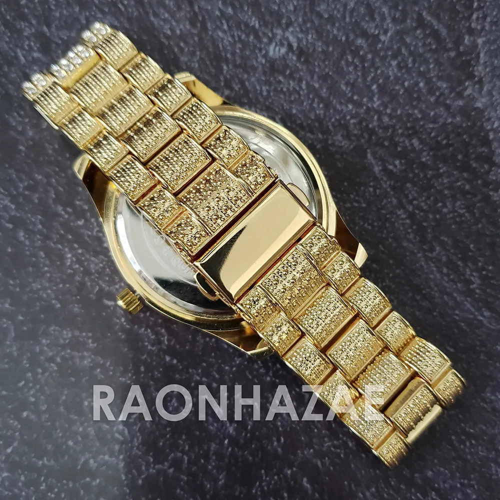 Raonhazae Hi Hop Iced Lab Diamond Meek Mill Drake Blue Face 14K Gold Plated Watch with 12mm Cuban Link Bracelet Set