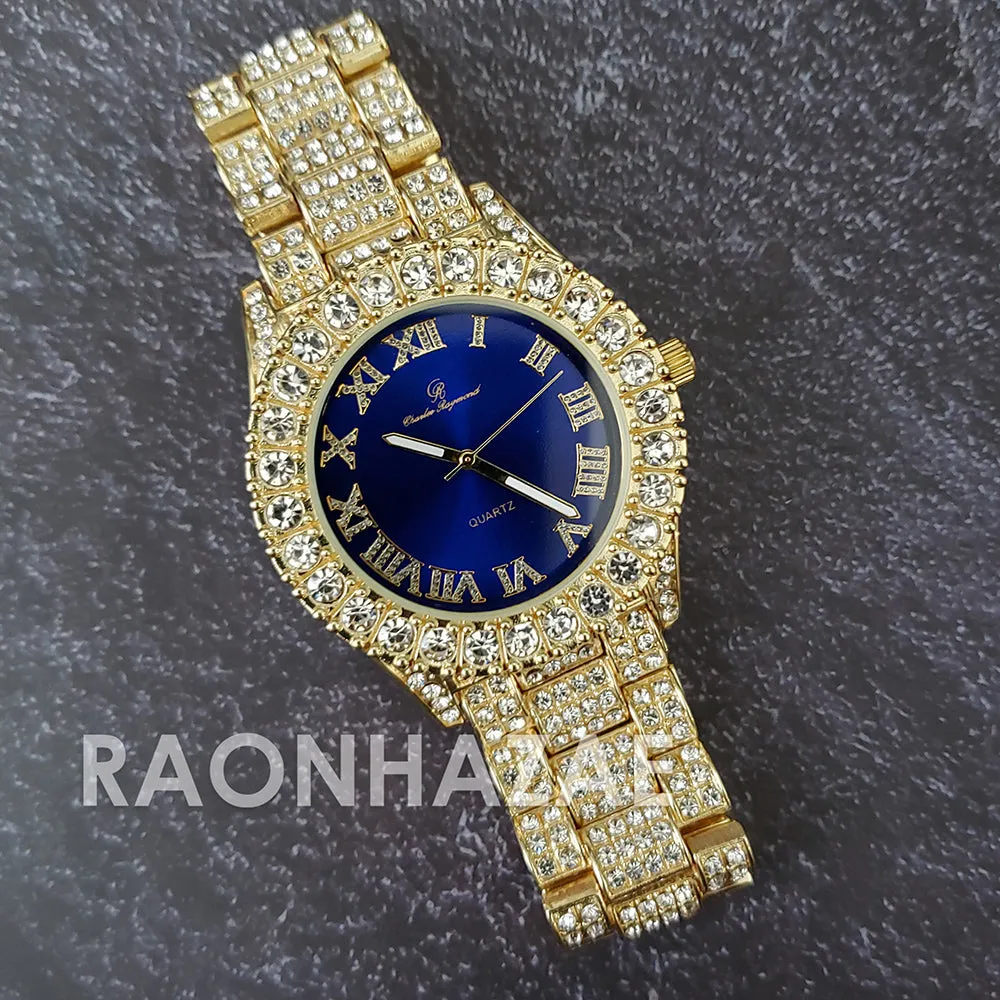 Raonhazae Hi Hop Iced Lab Diamond Meek Mill Drake Blue Face 14K Gold Plated Watch with 12mm Cuban Link Bracelet Set